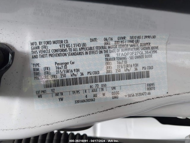 Ford FOCUS SE 2016 1FADP3F27GL364356 Image 9