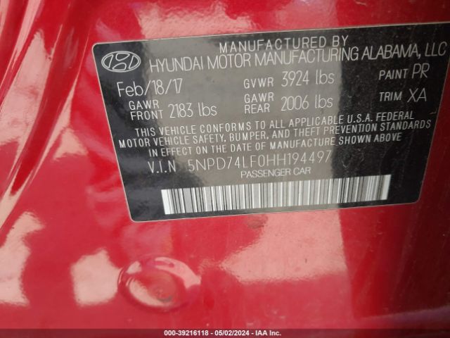 5NPD74LF0HH194497 Hyundai ELANTRA SE