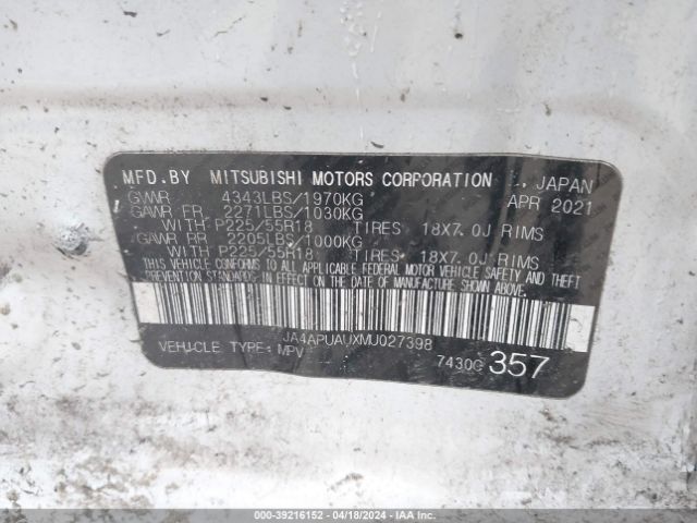 JA4APUAUXMU027398 Mitsubishi Outlander Sport 2.0 Be 2wd/2.0 Es 2wd/2.0 Le 2wd/2.0 S 2wd