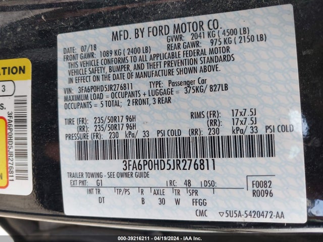 Ford FUSION SE 2018 3FA6P0HD5JR276811 Image 9
