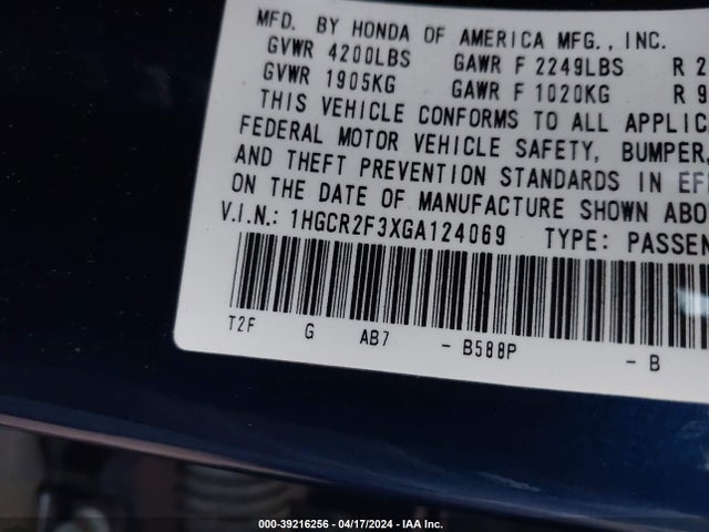 39216256 :رقم المزاد ، 1HGCR2F3XGA124069 vin ، 2016 Honda Accord Lx مزاد بيع