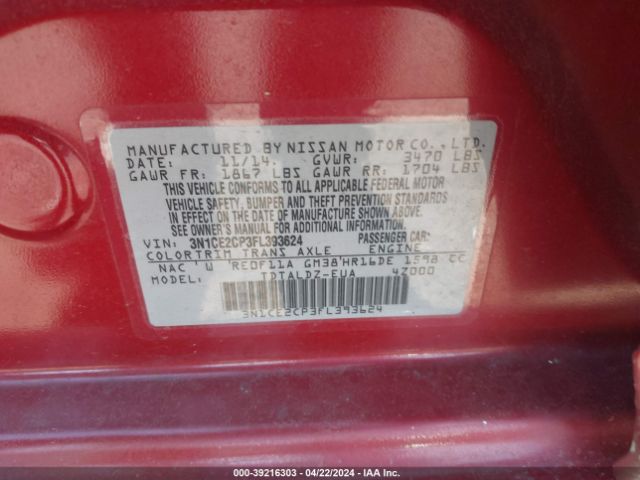 3N1CE2CP3FL393624 Nissan Versa Note S (sr)/s Plus/sl/sr/sv