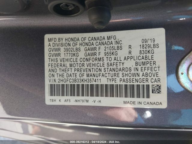 2019 HONDA CIVIC 2HGFC3B33KH357411 Photo 8