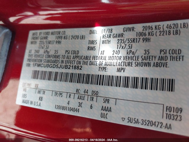 Ford ESCAPE SE 2018 1FMCU0GD5JUB21882 Image 9