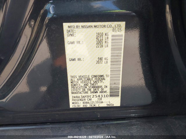 Nissan Altima 2.5 Sv 2015 1N4AL3AP3FC254310 Image 9