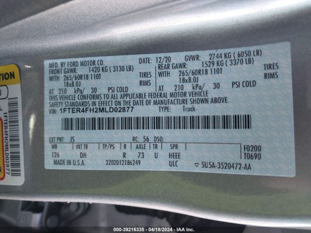 1FTER4FH2MLD02877 Ford Ranger Lariat