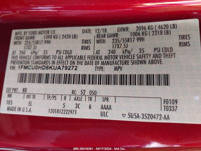 Ford ESCAPE SEL 2019 1FMCU0HD8KUA79272 Image 9