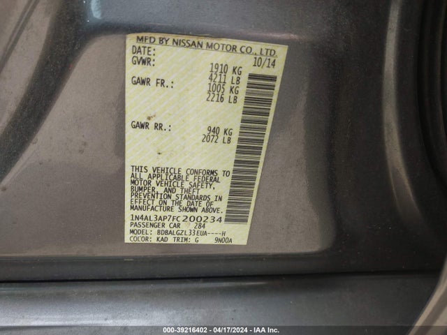 Nissan Altima 2.5 S 2015 1N4AL3AP7FC200234 Image 9