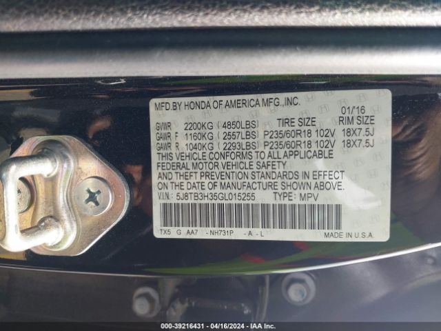 5J8TB3H35GL015255 Acura Rdx Acurawatch Plus Pkg