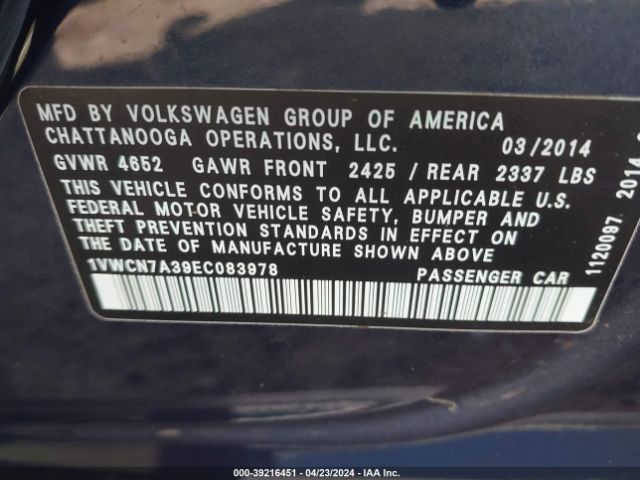 1VWCN7A39EC083978 Volkswagen Passat 2.0l Tdi Sel Premium