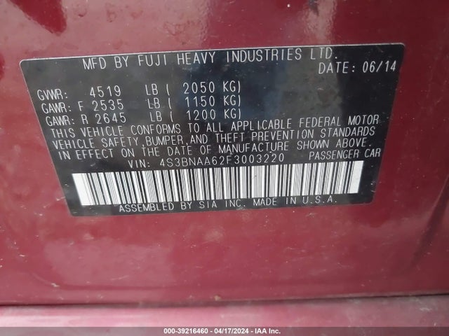 39216460 :رقم المزاد ، 4S3BNAA62F3003220 vin ، 2015 Subaru Legacy 2.5i مزاد بيع