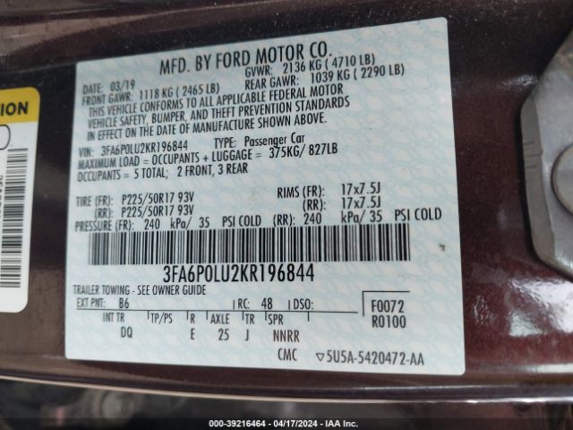 3FA6P0LU2KR196844 Ford Fusion Hybrid Se