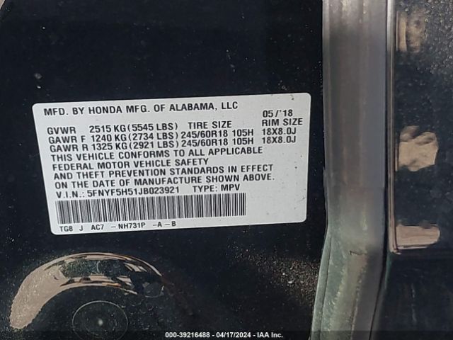 5FNYF5H51JB023921 Honda Pilot Ex-l