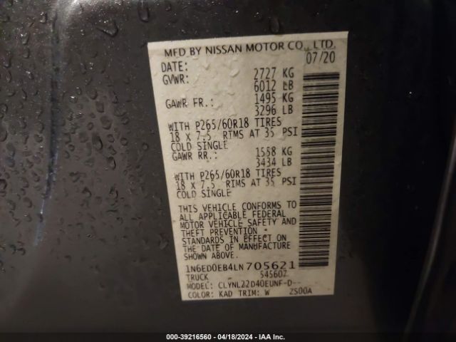 1N6ED0EB4LN705621 Nissan Frontier Sv 4x4