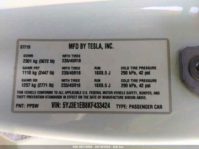 Tesla Model 3 Long Range/performance 2019 5YJ3E1EB8KF433424 Image 9