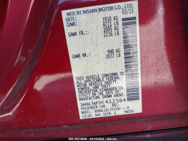 Nissan Altima 2.5 S 2015 1N4AL3AP3FC412564 Image 9