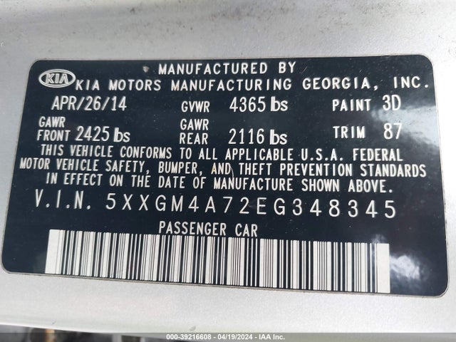 KIA Optima Lx 2014 5XXGM4A72EG348345 Image 9
