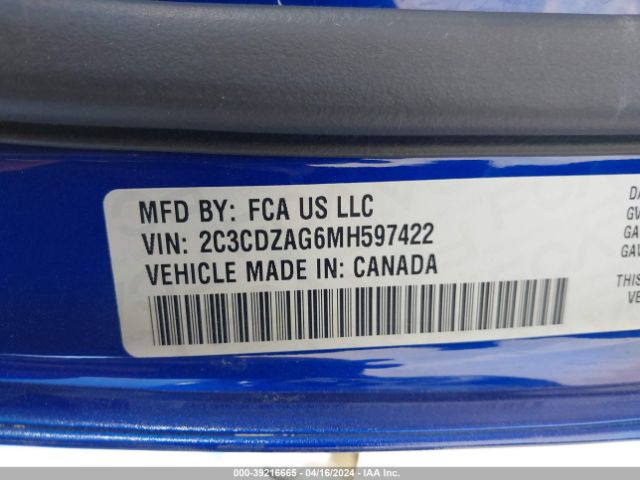 2C3CDZAG6MH597422 Dodge Challenger Sxt
