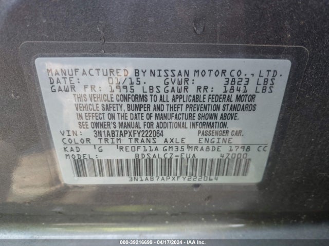 Nissan SENTRA S 2015 3N1AB7APXFY222064 Image 9