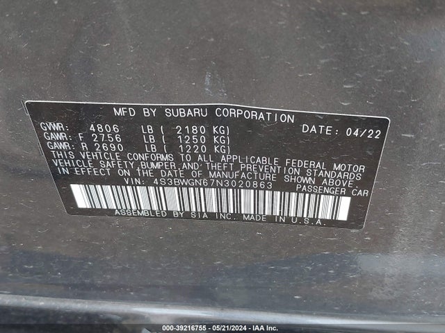 Subaru Legacy Limited Xt 2022 4S3BWGN67N3020863 Image 9