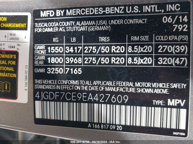 4JGDF7CE9EA427609 Mercedes-Benz Gl 450 4matic