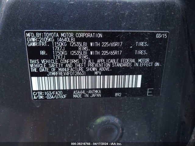 Toyota Rav4 Xle 2015 JTMRFREV4FD128631 Image 9