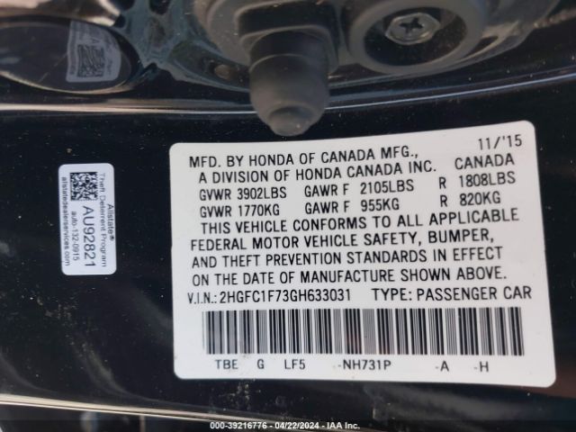 2HGFC1F73GH633031 Honda Civic Ex-l
