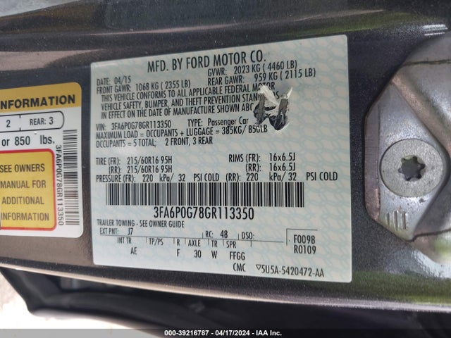 Ford FUSION S 2016 3FA6P0G78GR113350 Image 9
