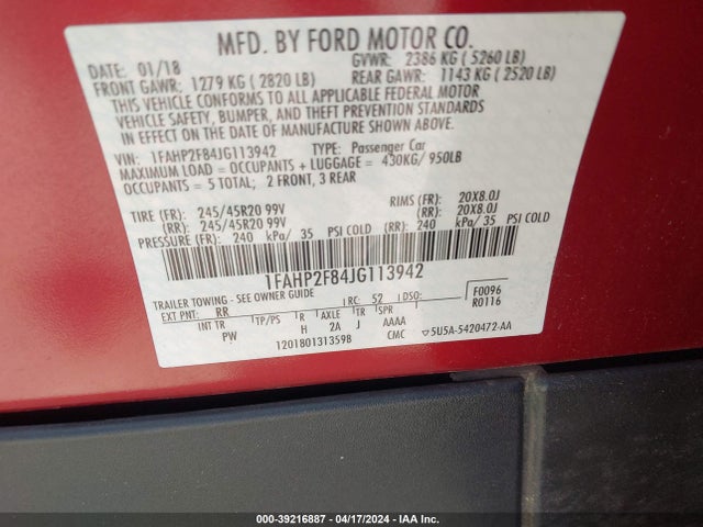 Ford Taurus Limited 2018 1FAHP2F84JG113942 Image 9