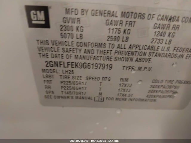 Chevrolet EQUINOX LT 2016 2GNFLFEK9G6197919 Image 9