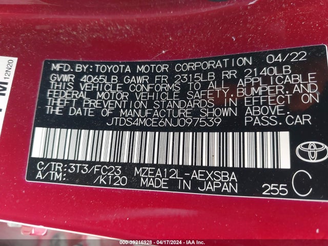 Toyota COROLLA SE 2022 JTDS4MCE6NJ097539 Image 9