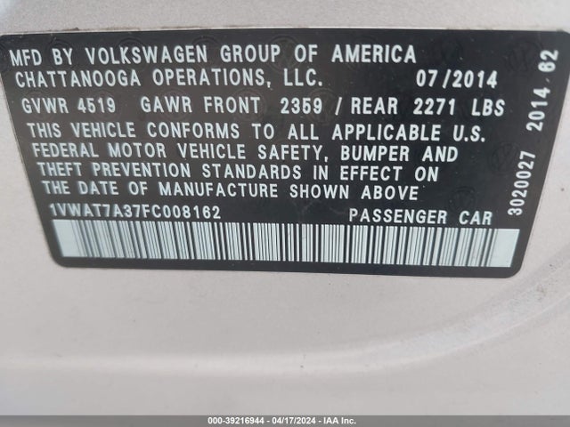 1VWAT7A37FC008162 Volkswagen Passat 1.8t S