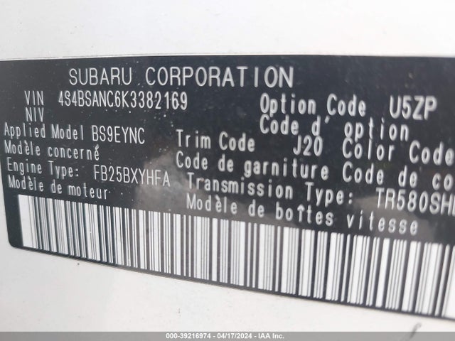Subaru Outback 2.5i Limited 2019 4S4BSANC6K3382169 Image 9
