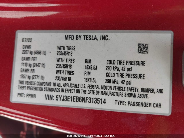 2022 TESLA MODEL 3 5YJ3E1EB6NF313514 Photo 8