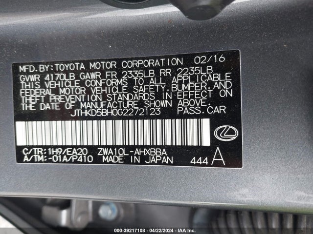JTHKD5BH0G2272123 Lexus CT 200H