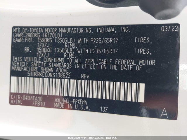 Toyota SIENNA LE 2022 5TDKRKEC0NS108622 Image 9