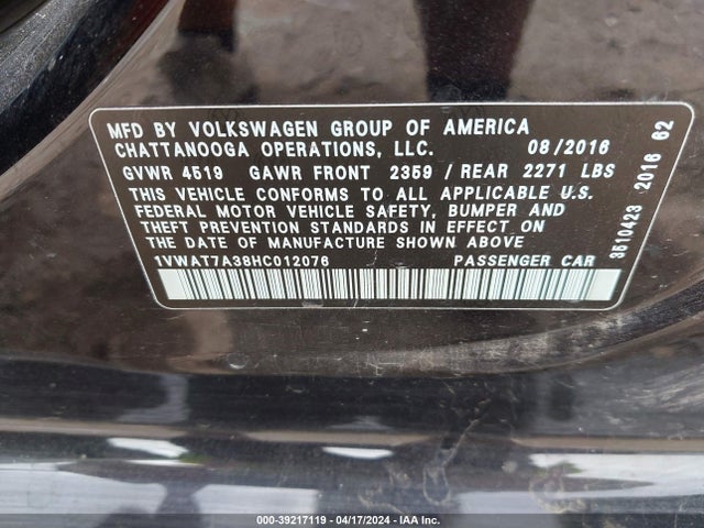 1VWAT7A38HC012076 Volkswagen Passat 1.8t S