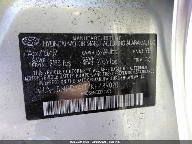 Продаж на аукціоні авто 2019 Hyundai Elantra Se, vin: 5NPD74LF1KH489020, номер лоту: 39217120