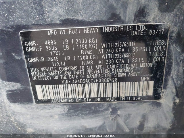 Subaru Outback 2.5i Premium 2017 4S4BSACC7H3366428 Image 9