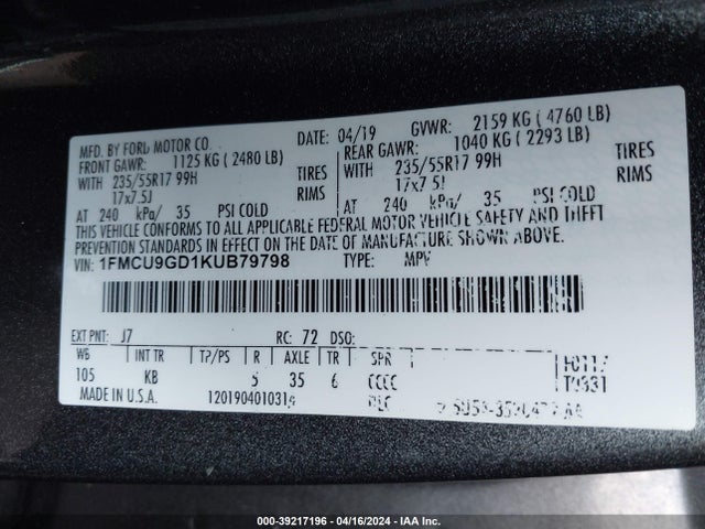 Ford ESCAPE SE 2019 1FMCU9GD1KUB79798 Image 9