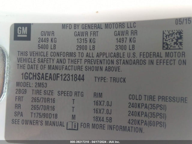 Chevrolet Colorado Wt 2015 1GCHSAEA0F1231844 Image 9