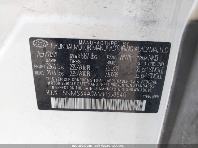 Hyundai Santa Fe Sel 2021 5NMS34AJ6MH358840 Image 9