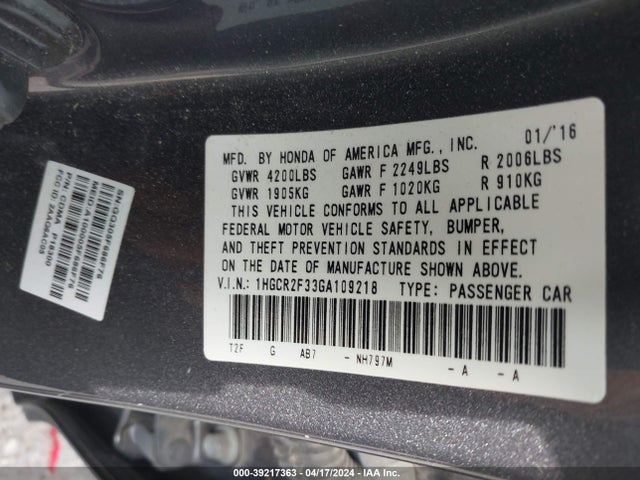 Honda ACCORD LX 2016 1HGCR2F33GA109218 Image 9