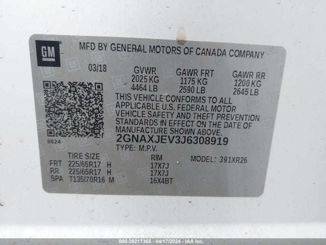 Chevrolet EQUINOX LT 2018 2GNAXJEV3J6308919 Image 9