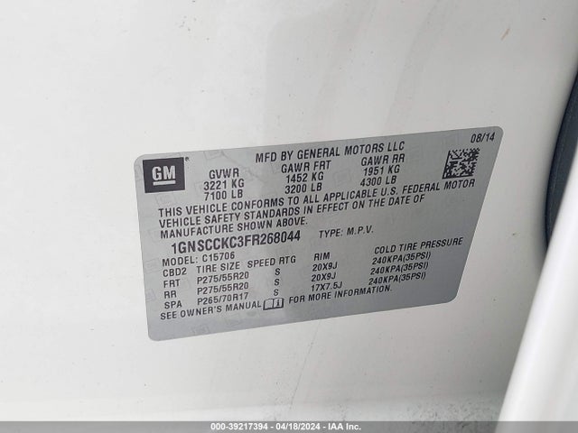 Chevrolet Tahoe Ltz 2015 1GNSCCKC3FR268044 Image 9