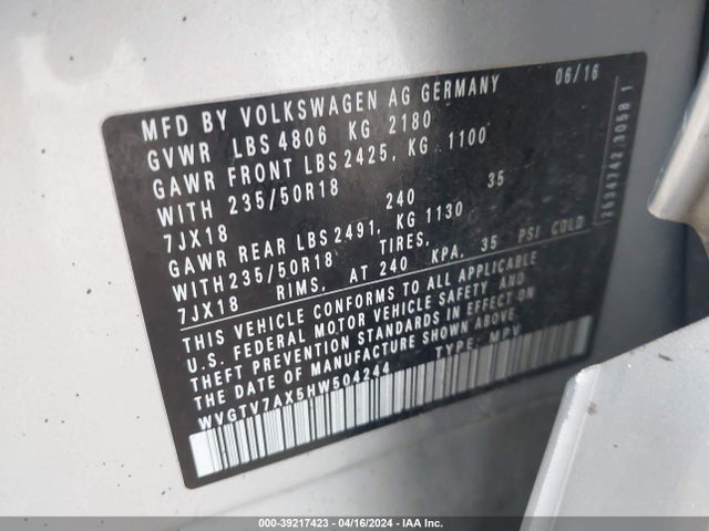 WVGTV7AX5HW504244 Volkswagen Tiguan 2.0t Sport