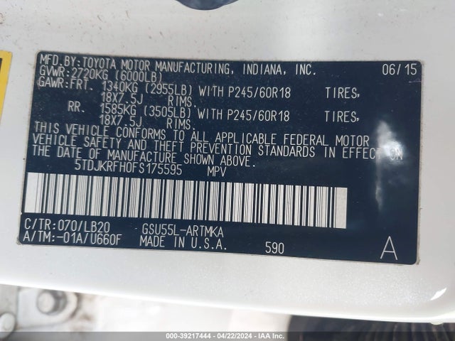 Toyota Highlander Xle V6 2015 5TDJKRFH0FS175595 Image 9