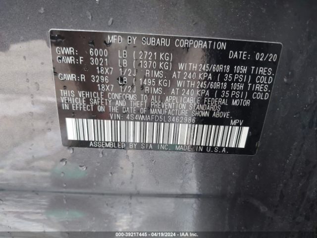 4S4WMAFD5L3462986 Subaru Ascent Premium