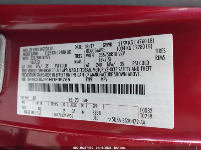 Ford Escape Titanium 2017 1FMCU0J91HUF09755 Image 9