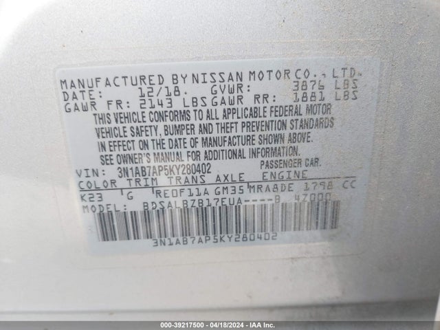 Nissan SENTRA S 2019 3N1AB7AP5KY280402 Image 9